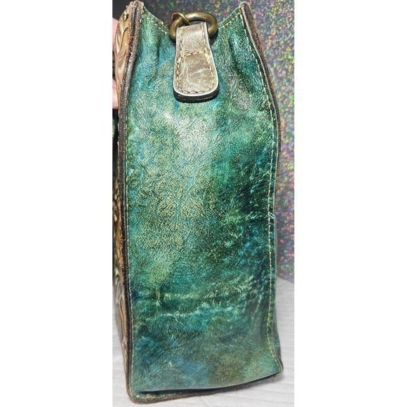 Patricia Nash Tooled Leather Satchel Convertible Hand / Shoulder Bag Teal Floral - Picture 4 of 16